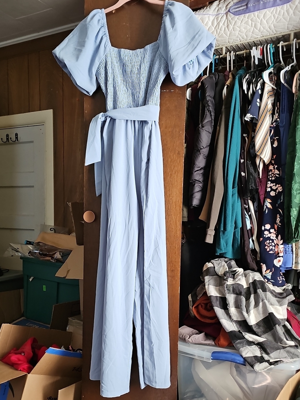Light Blue Puff-Sleeve Wide-Leg Jumpsuit with Waist Tie